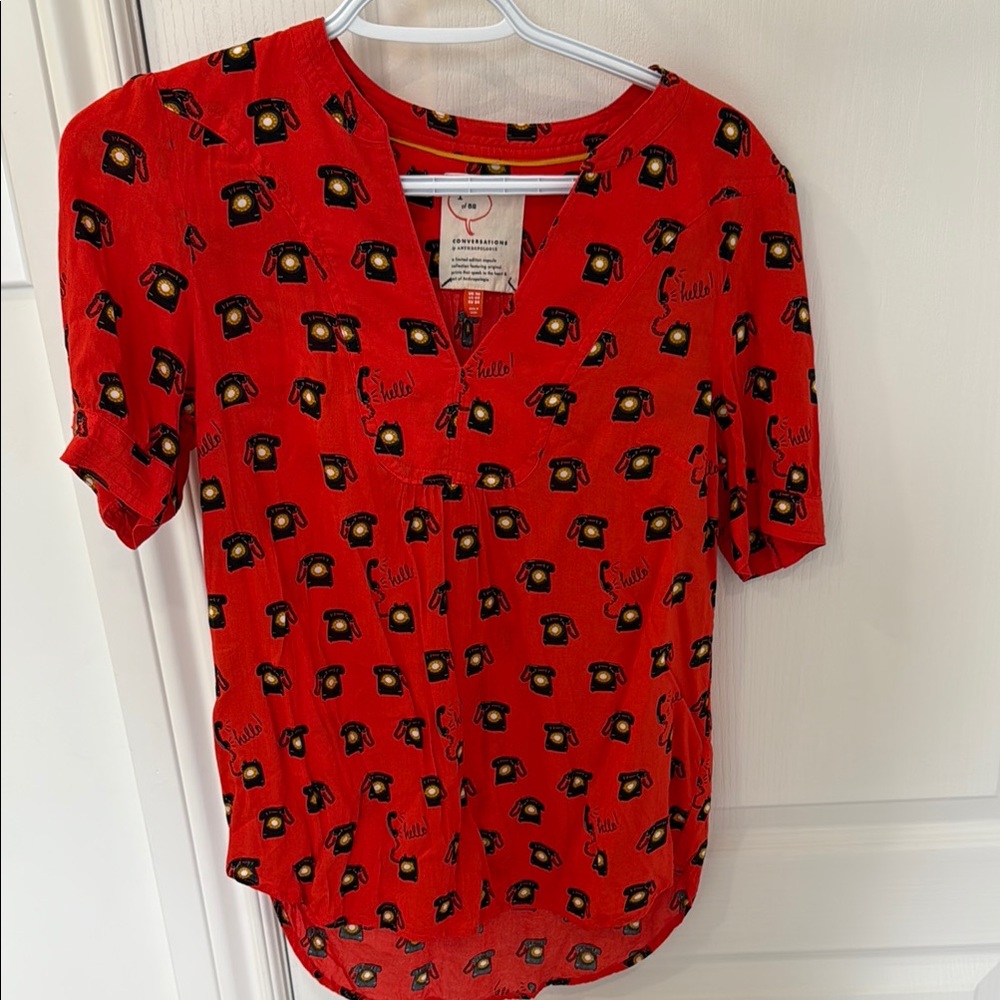 Anthropologie Red Graphic Blouse with Mandarin Collar